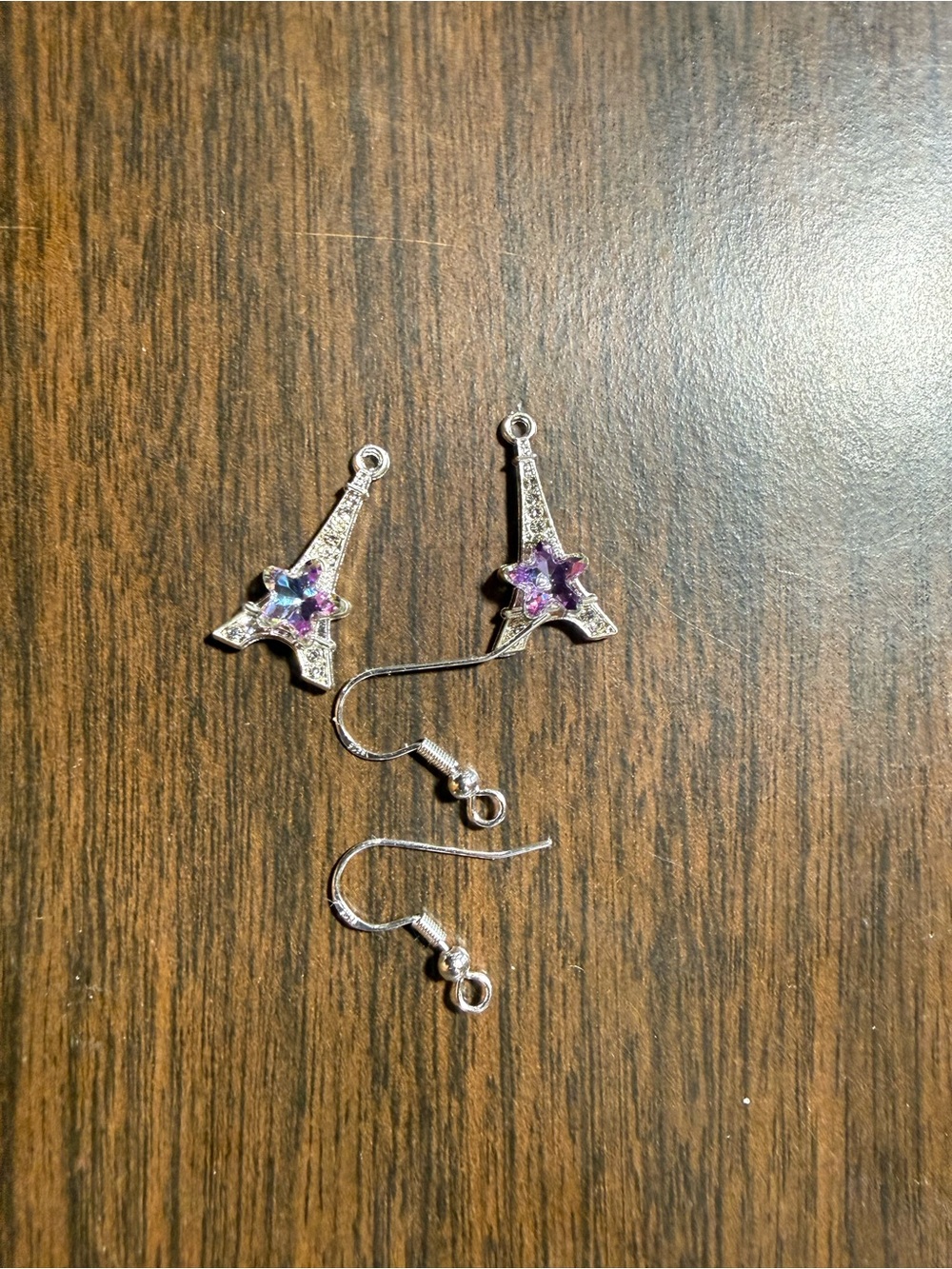 Silver Eiffel Tower Dangle Earrings with Purple Crystal Star Accents